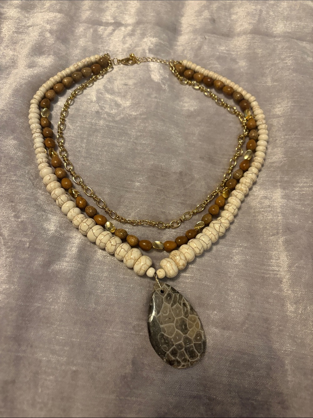 Layered Cream and Brown Beaded Necklace with Gold Chain and Gray Stone Pendant